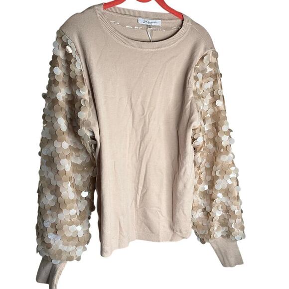 Sioni Milano Sweater Embellished Sequin Sleeve Crew Neck Beige Womens Large NWT - Picture 1 of 6